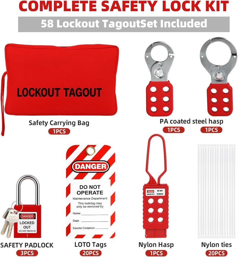 Xeoca Lockout Tagout Kit Electrical Loto Group Lockout Hasps, Lockout Tags, Safety Padlocks with Number, Nylon Ties with Pocket Bag - Image 2